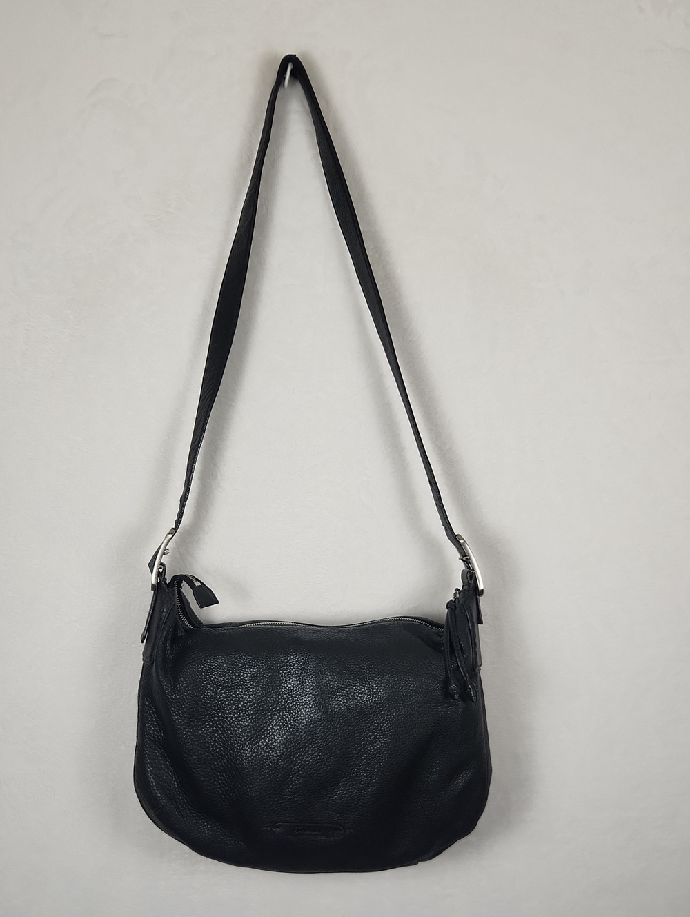 Cole Haan Black Leather Shoulder Bag with Tassel Accents